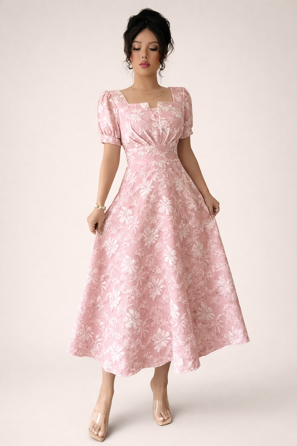 Pink Jacquard Midi Dress with Square Neck and Puff Sleeves