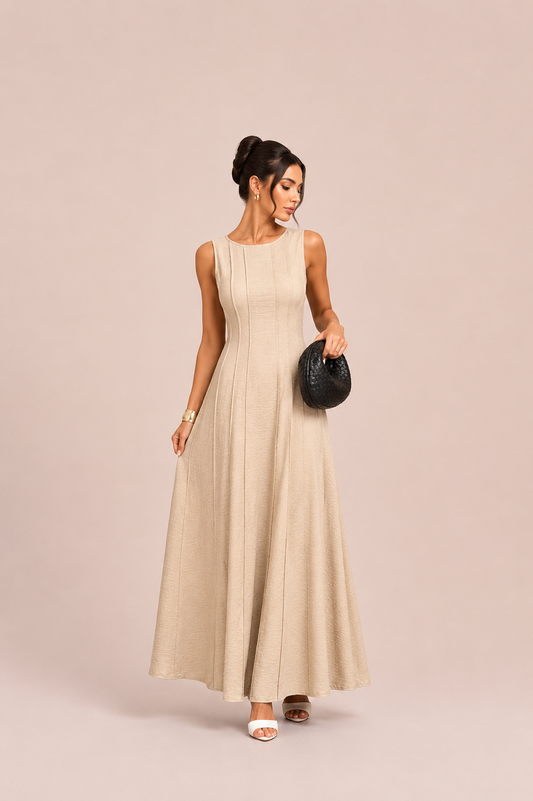 Beige Sleeveless A-Line Maxi Dress with Textured Panel Detail