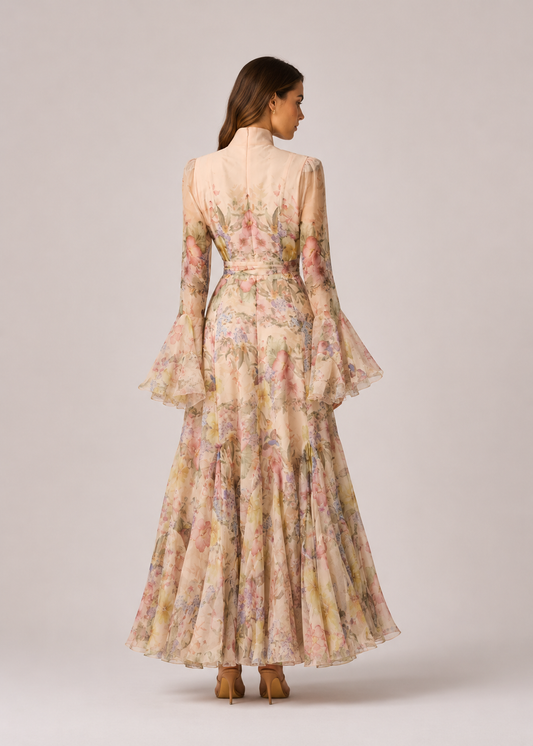 Women’s Floral Tie Waist Flared Sleeve Maxi Dress