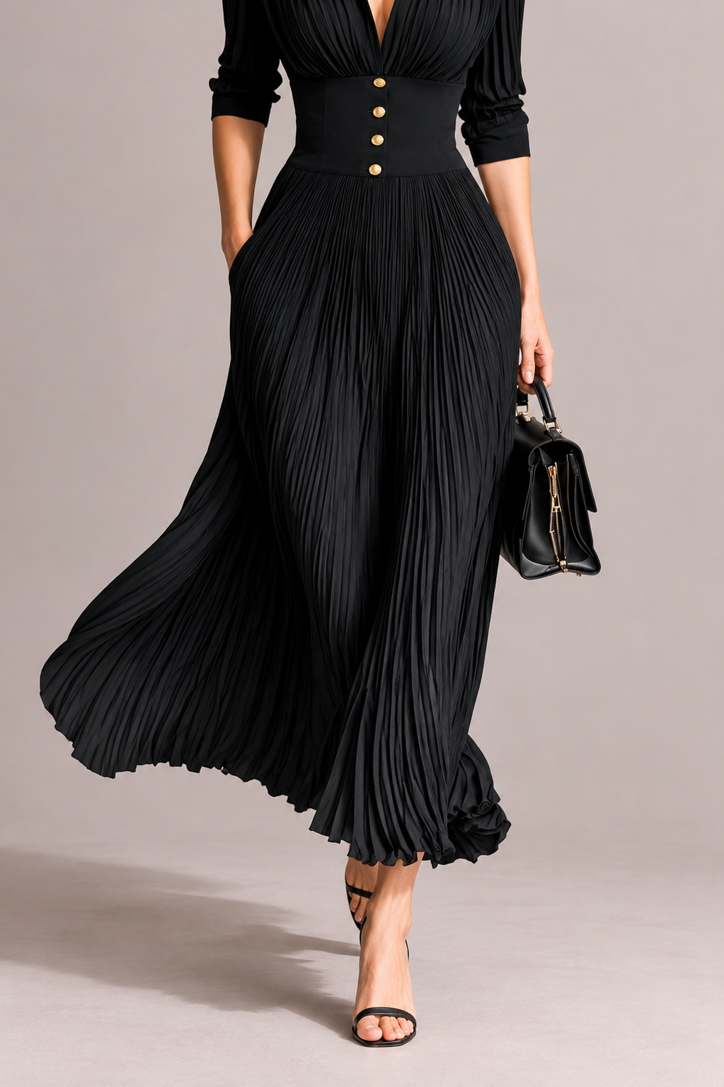 Women’s Pleated Fitted Waist Maxi Dress