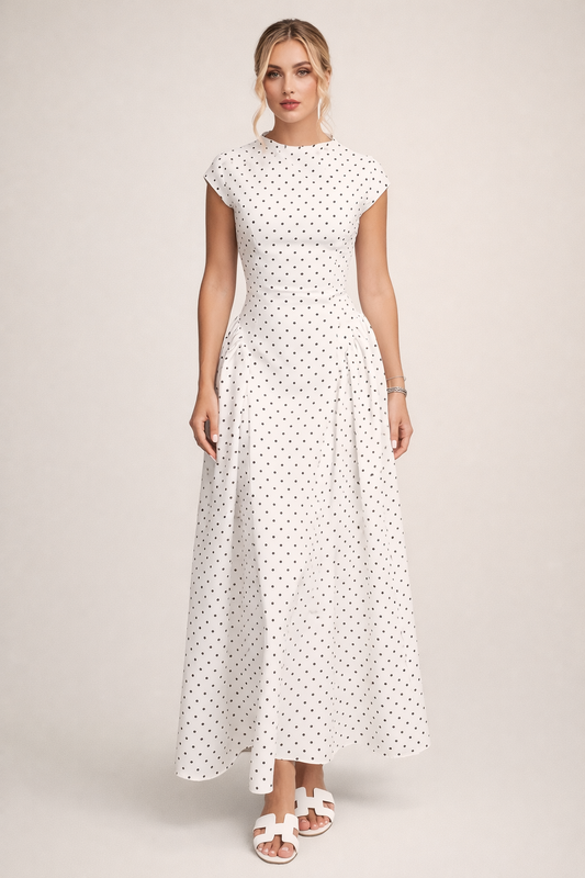 Polka Dot Long Dress with Round Neck and Waist Fit