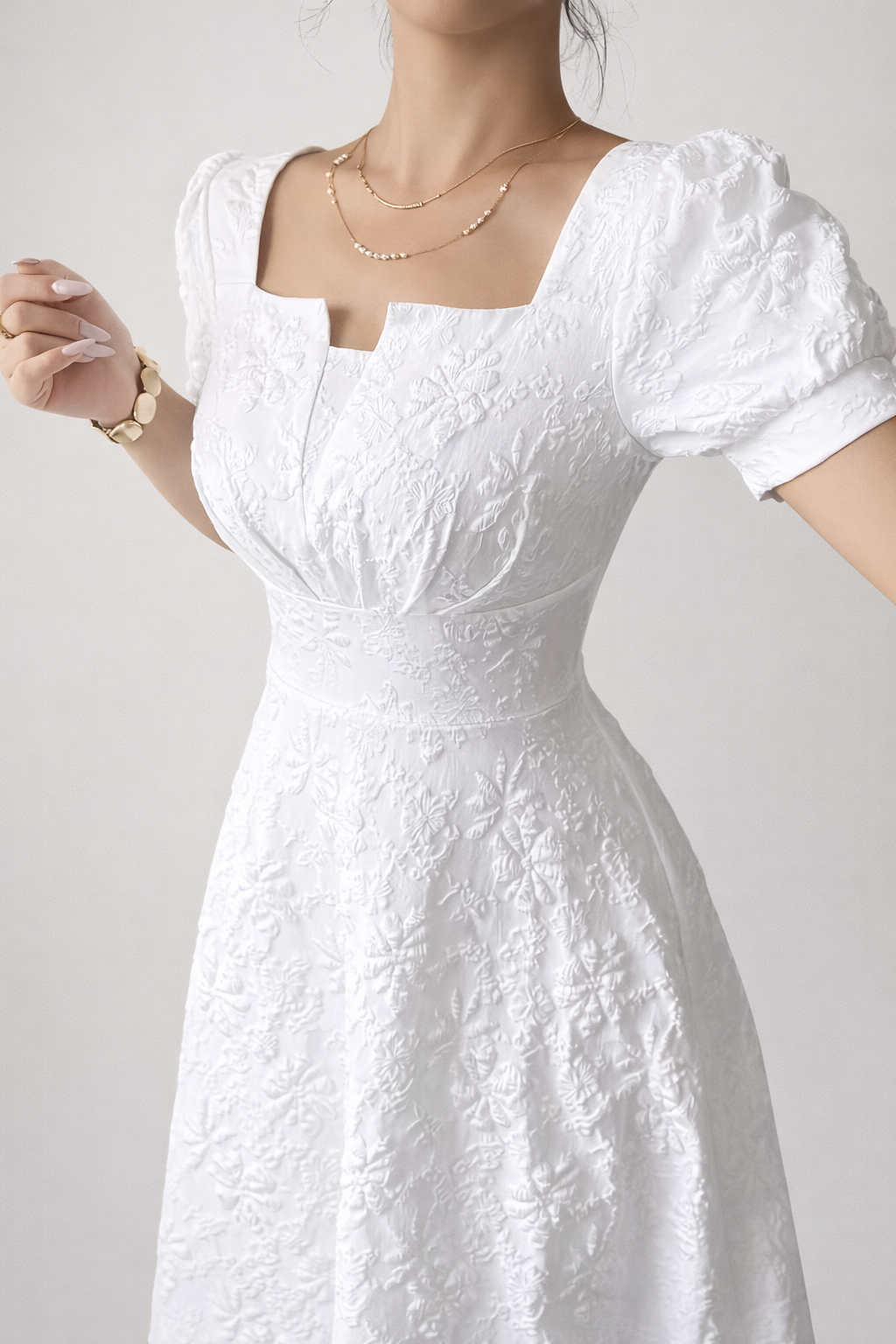 Pink Jacquard Midi Dress with Square Neck and Puff Sleeves