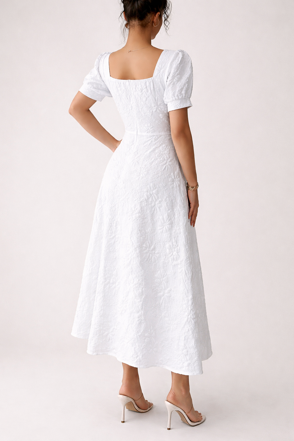 Pink Jacquard Midi Dress with Square Neck and Puff Sleeves