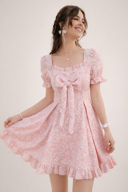 Women’s Pink Floral Mini Dress with Bow Detail