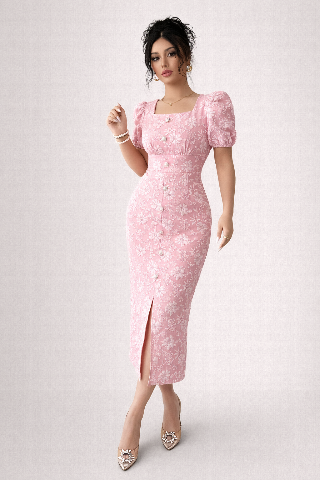 Women’s Floral Jacquard Midi Dress with Square Neck