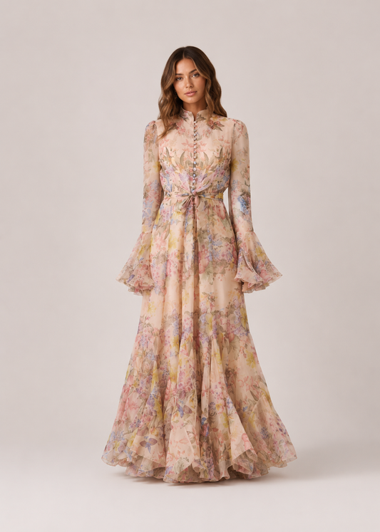 Women’s Floral Tie Waist Flared Sleeve Maxi Dress