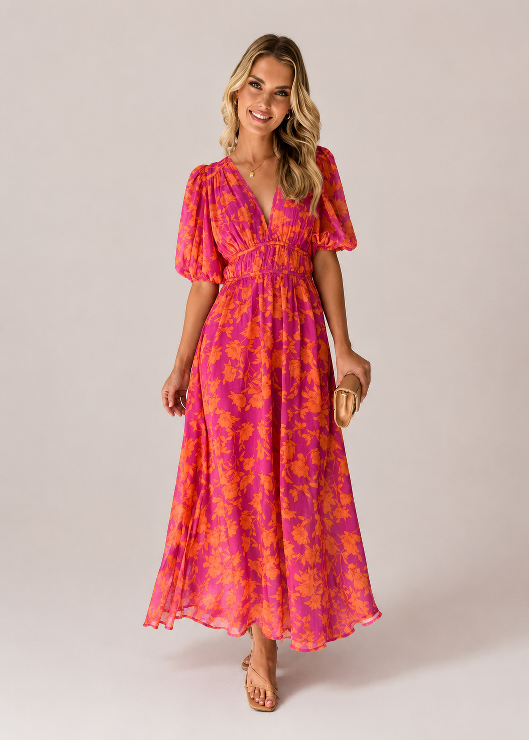 Women’s Floral V-Neck Puff Sleeve Maxi Dress