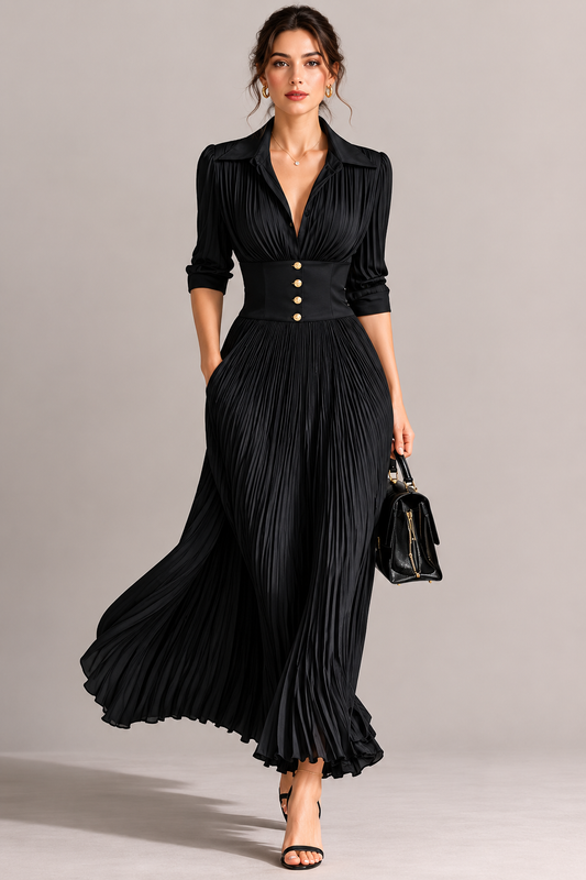 Women’s Pleated Fitted Waist Maxi Dress