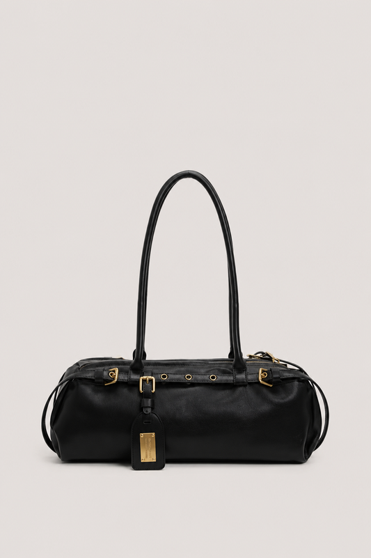Women’s Structured Shoulder Handbag with Belt Detail and Zipper Closure