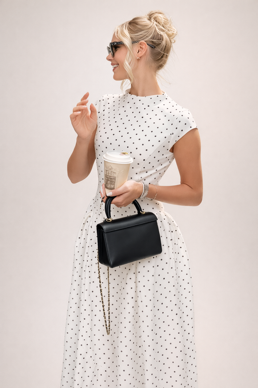 Polka Dot Long Dress with Round Neck and Waist Fit