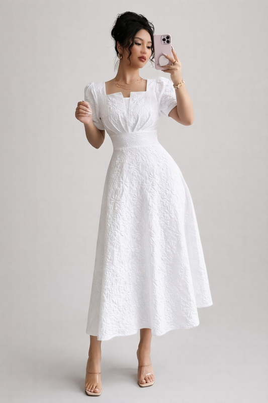 Pink Jacquard Midi Dress with Square Neck and Puff Sleeves