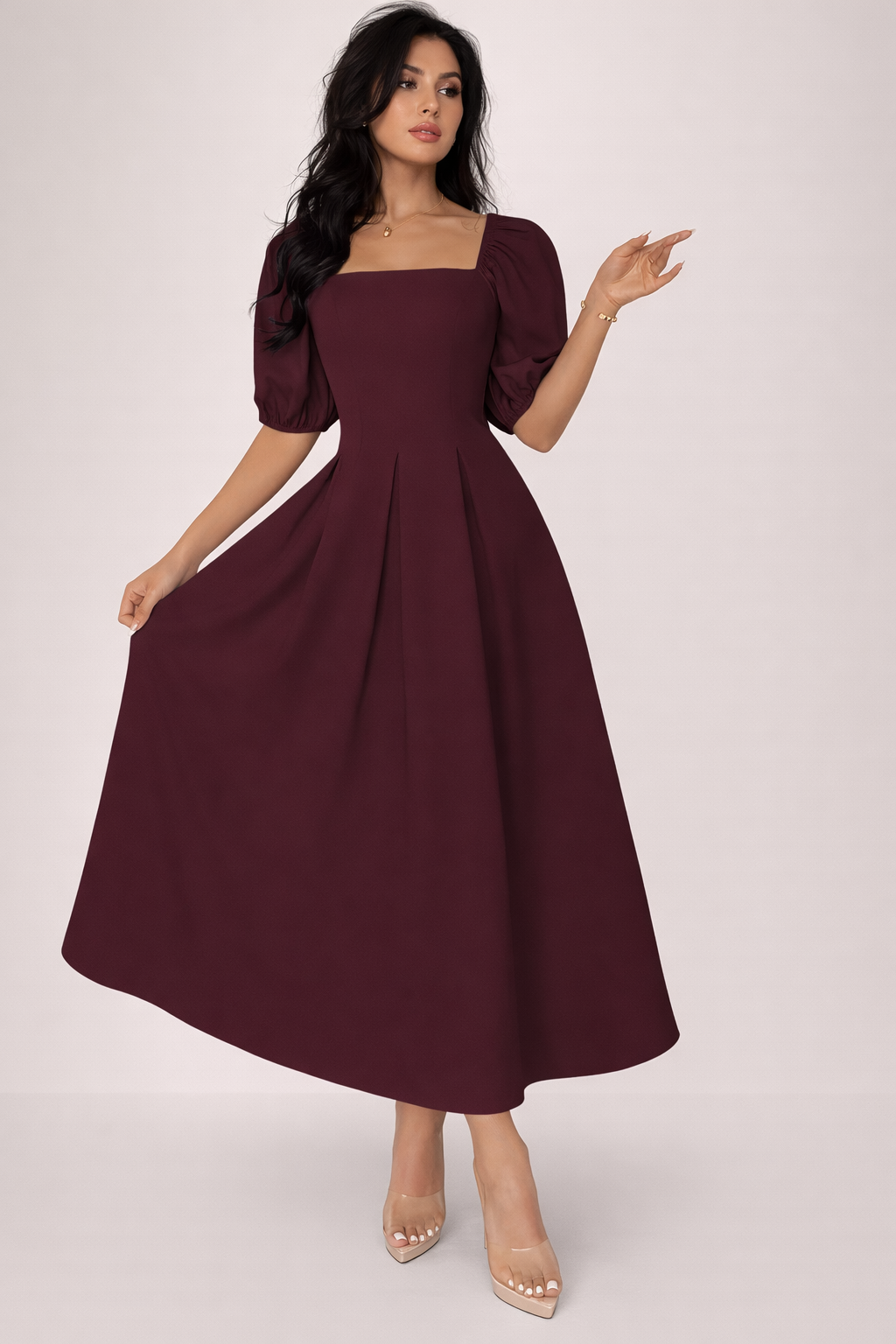 Women’s Square Neck Puff Sleeve Midi Dress