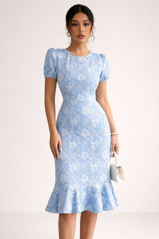 Women’s Light Blue Floral Midi Dress with Puff Sleeves