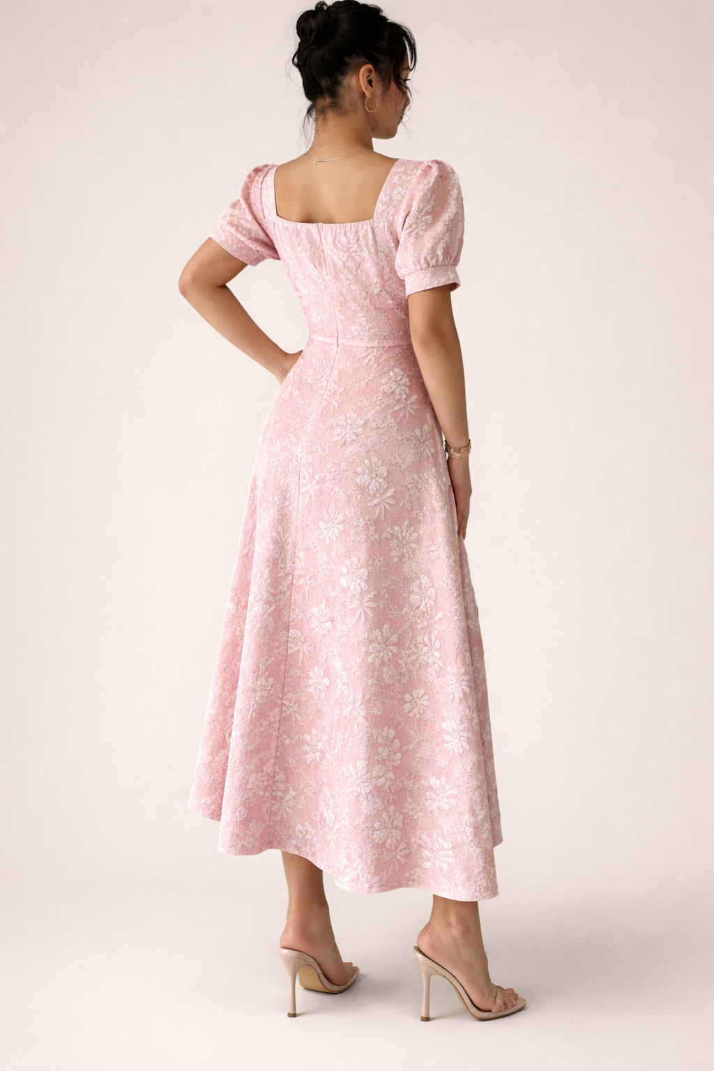 Pink Jacquard Midi Dress with Square Neck and Puff Sleeves