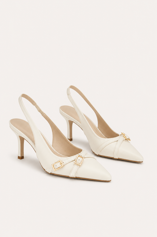 Women’s Pointed Toe Kitten Heel Slingback Pumps with Buckle Detail