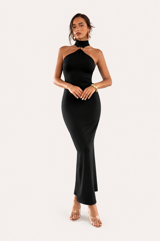 Women’s Halter Neck Bodycon Maxi Dress with Front Ring Detail