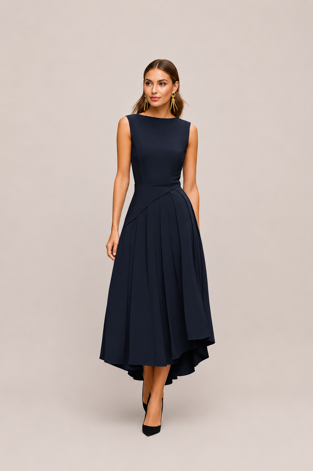 Women’s Sleeveless Asymmetrical Pleated Midi Dress