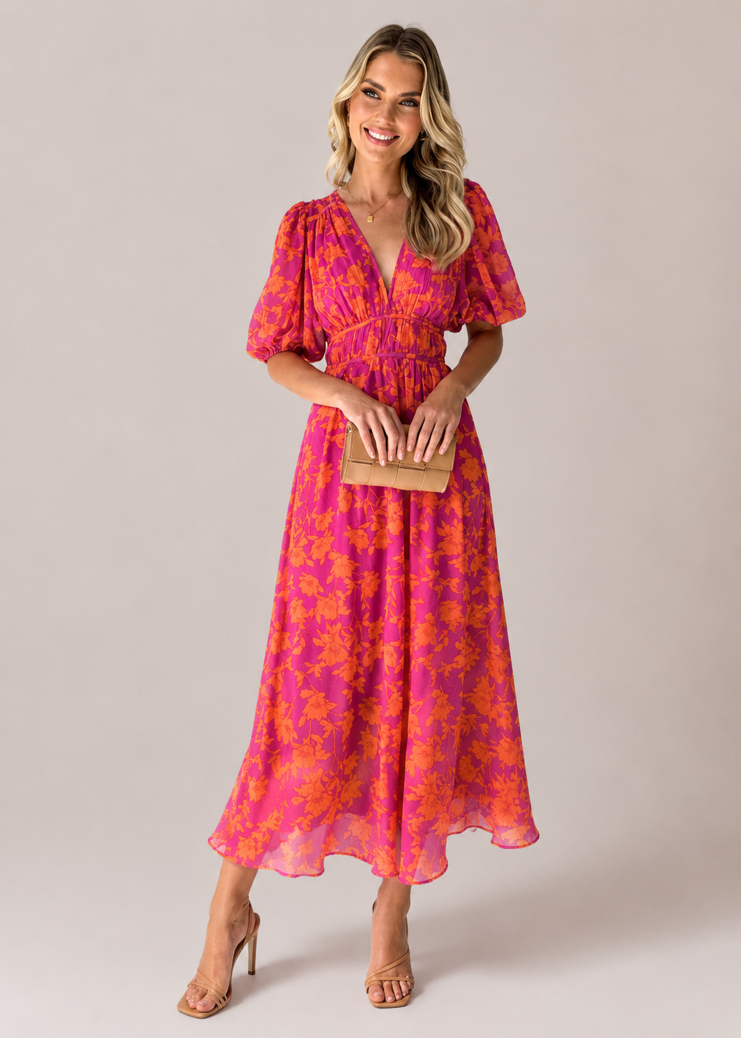 Women’s Floral V-Neck Puff Sleeve Maxi Dress