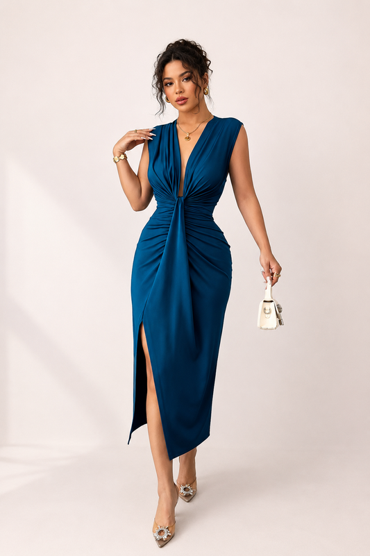 Women’s Sleeveless Deep V-Neck Front Gathered Slit Dress